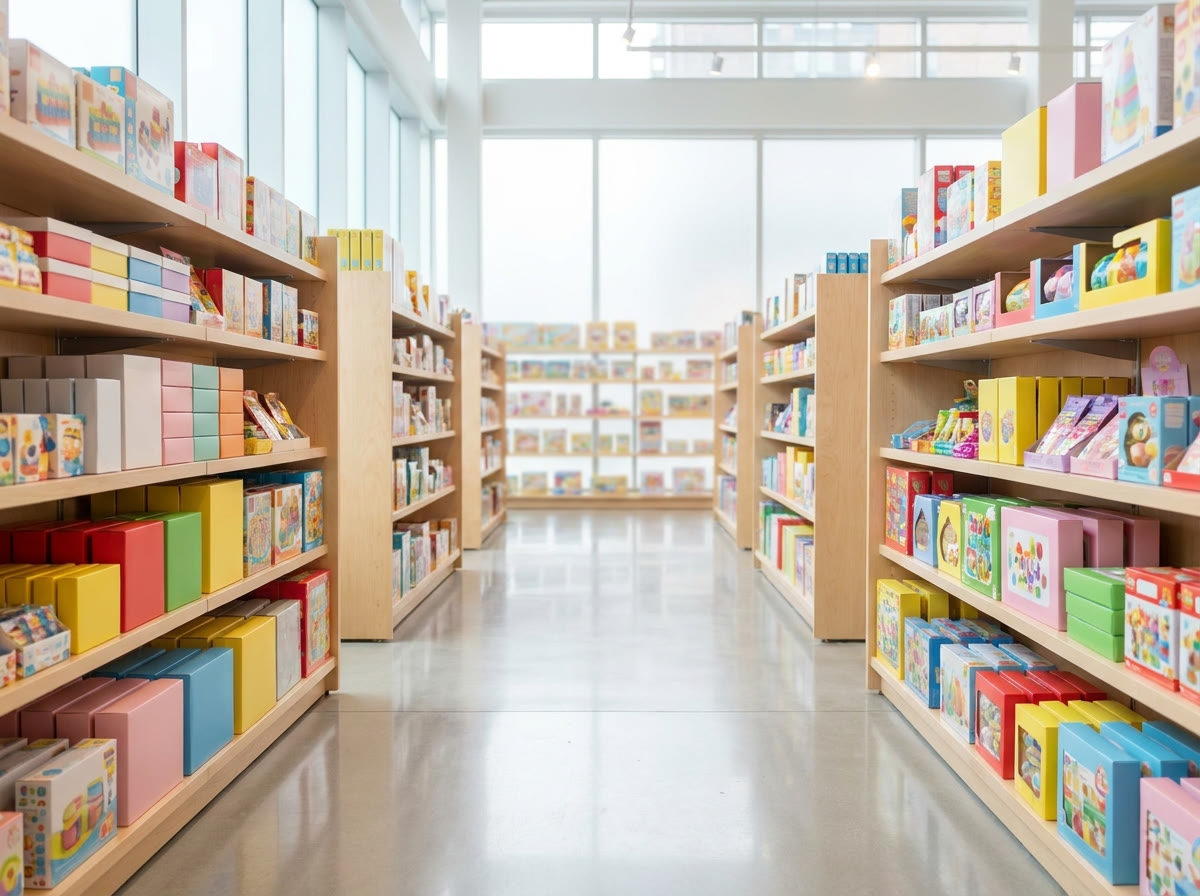 A bright store aisle stocked with colourful toy and confectionery products