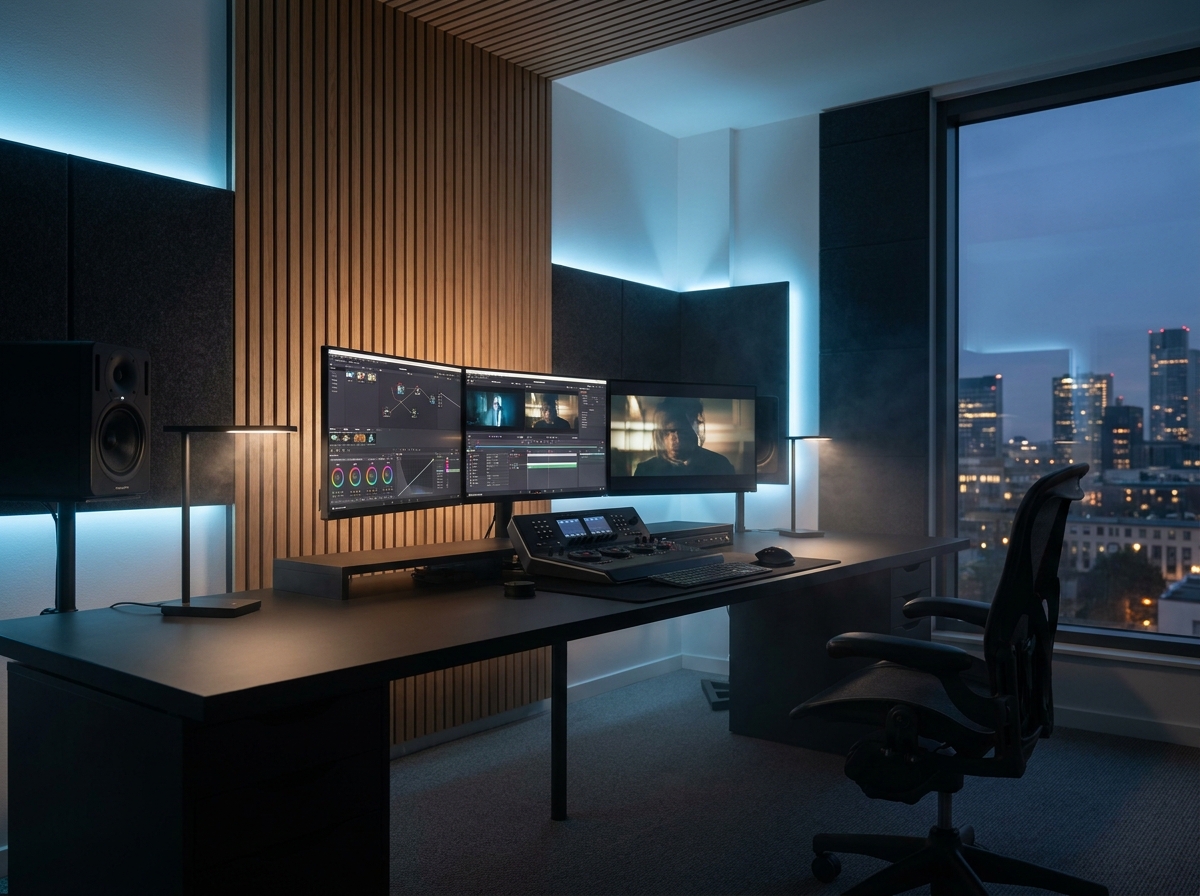 Inside the Origin Labs finishing suite: dual reference monitors and a colour-grading console at dusk